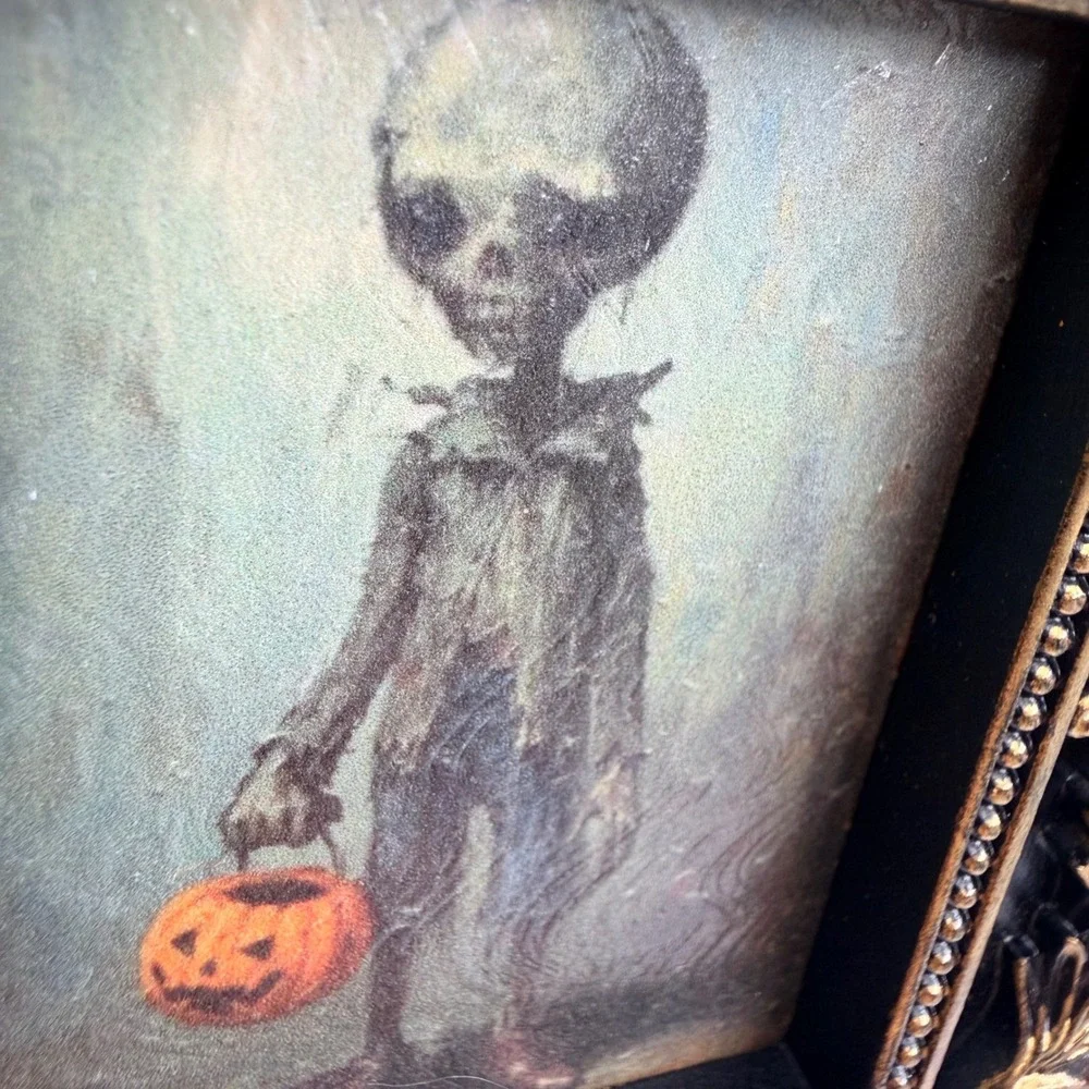 Gothic Halloween Skeleton Art Ornate Black Gold Resin Frame Zombie Pumpkin Print